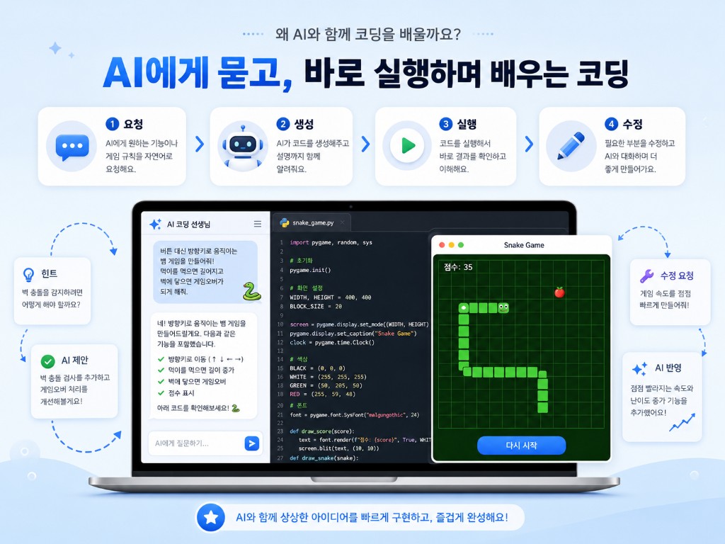요청 → 생성 → 실행 → 수정 흐름으로 AI와 함께 배우는 코딩