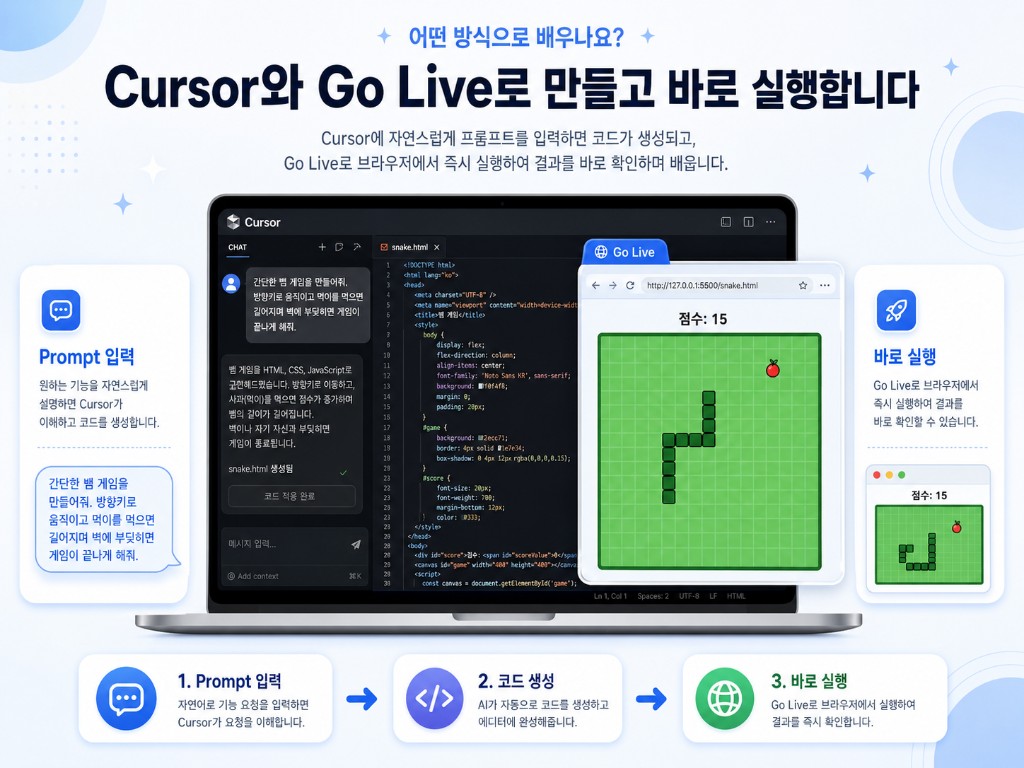 Cursor에 프롬프트를 입력하고 Go Live로 실행 결과를 확인하는 학습 흐름