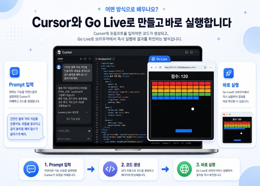 Cursor에 프롬프트를 입력하고 Go Live로 실행 결과를 확인하는 학습 흐름