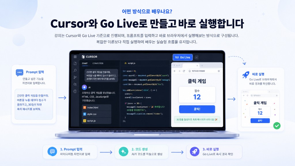 Cursor에 프롬프트를 입력하고 Go Live로 실행 결과를 확인하는 학습 흐름
