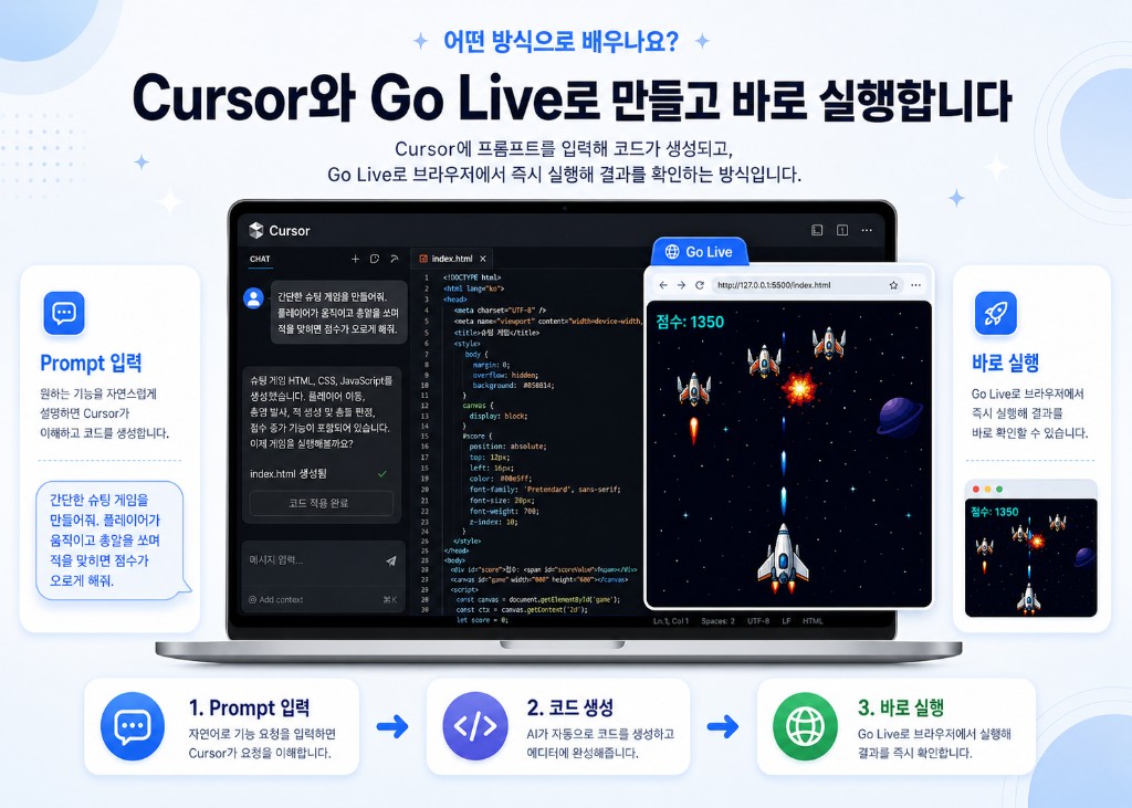 Cursor에 프롬프트를 입력하고 Go Live로 실행 결과를 확인하는 학습 흐름