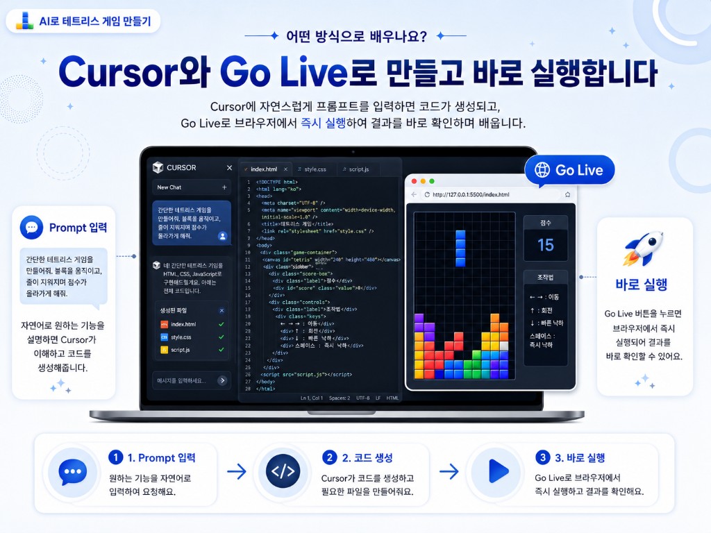 Cursor에 프롬프트를 입력하고 Go Live로 실행 결과를 확인하는 학습 흐름