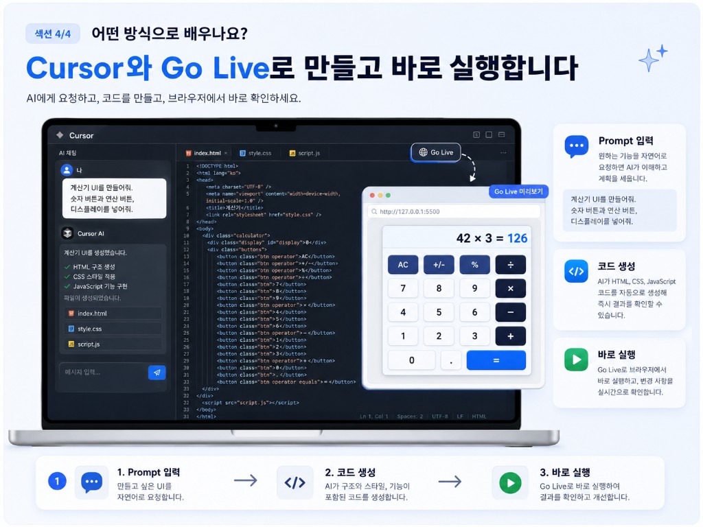 Cursor에 프롬프트를 입력하고 Go Live로 실행 결과를 확인하는 학습 흐름